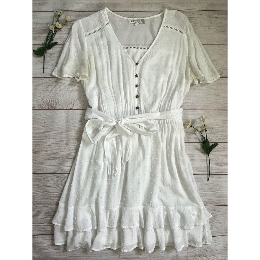 Jolt Flutter Button Front Clip Dot Tie Waist Dress